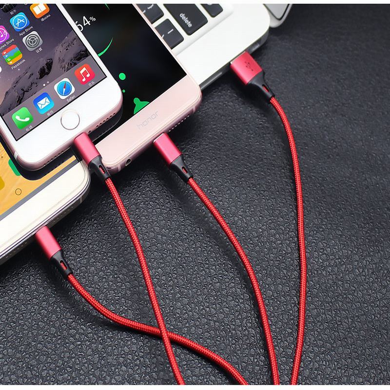 杰沃一拖三数据线苹果安卓华为通用MICRO USB type-C 高速vivo充电线2A【红色1.2米】编织 数据线
