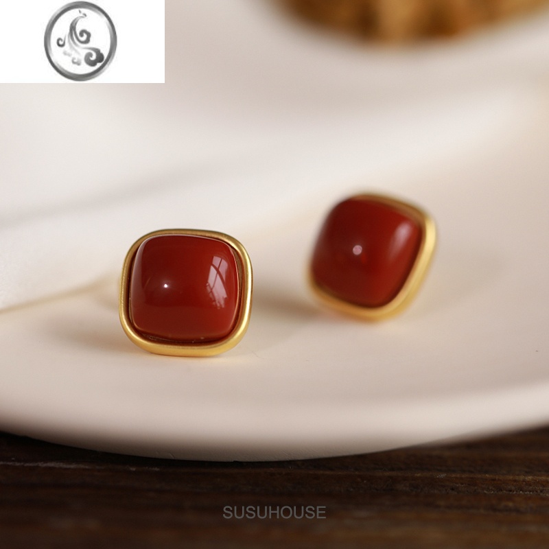 JiMi复古红色蚊香盘耳夹无耳洞女新年红耳钉港风方块无痛耳饰新款春耳 复古红色925银针有耳洞一对