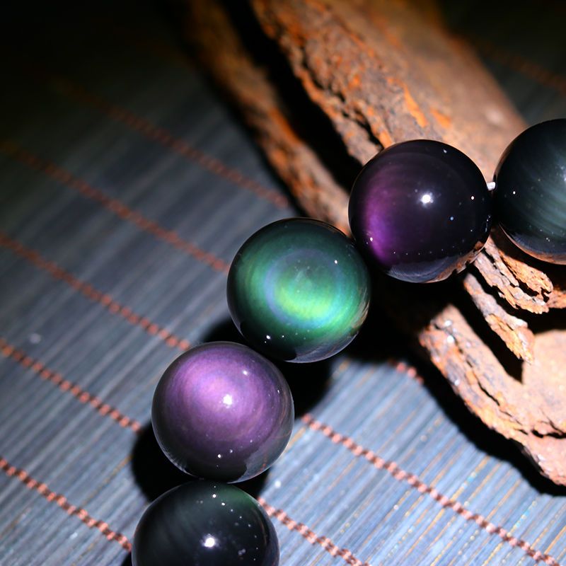 天然黑曜石手链男女辟邪保平安情侣手链彩眼黑曜石水晶手链礼物彩眼