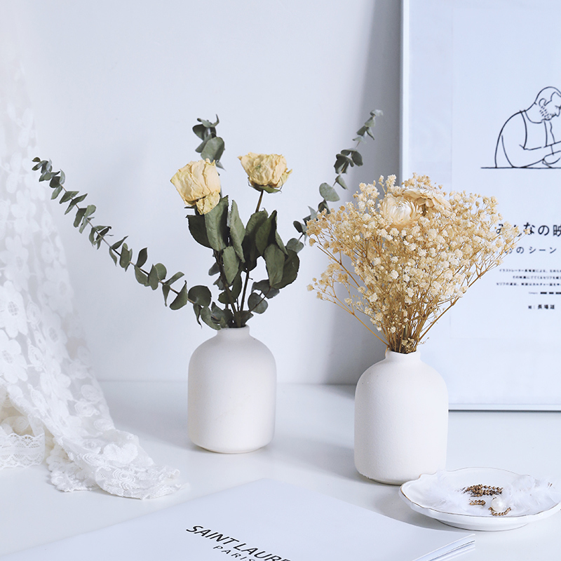 北欧小花瓶摆件客厅插花干花装饰品现代简约摆设餐桌鲜花陶瓷花瓶 三维工匠 白菊套装B