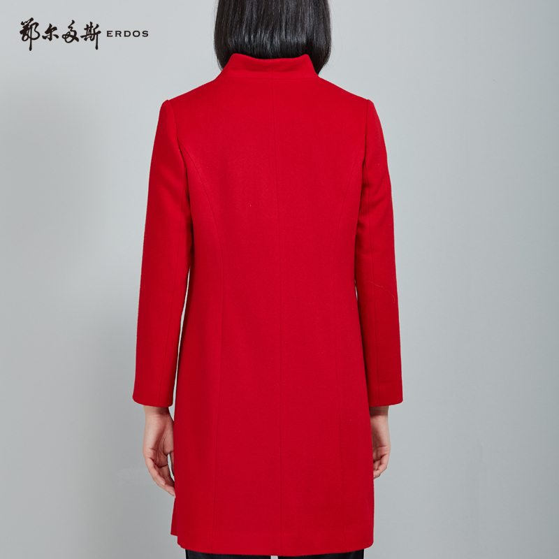 鄂尔多斯ERDOS 秋冬羊绒羊毛翻领单排扣中长款大衣毛呢外套女