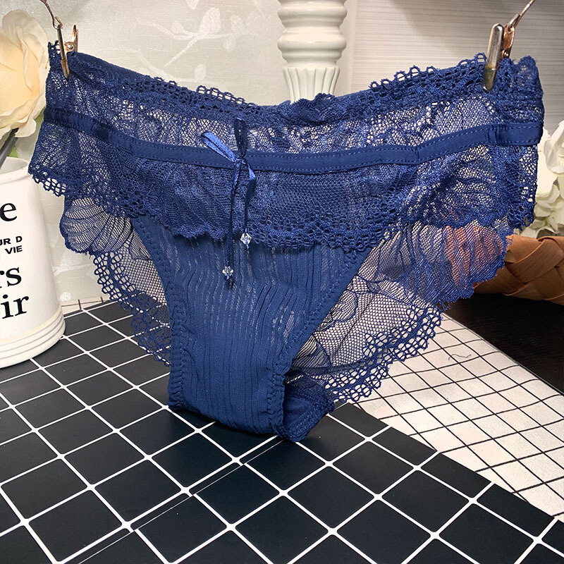 波迷娜bomina欧美雪纺女士蕾丝透明内裤吊坠水钻大码低腰无痕三角裤档