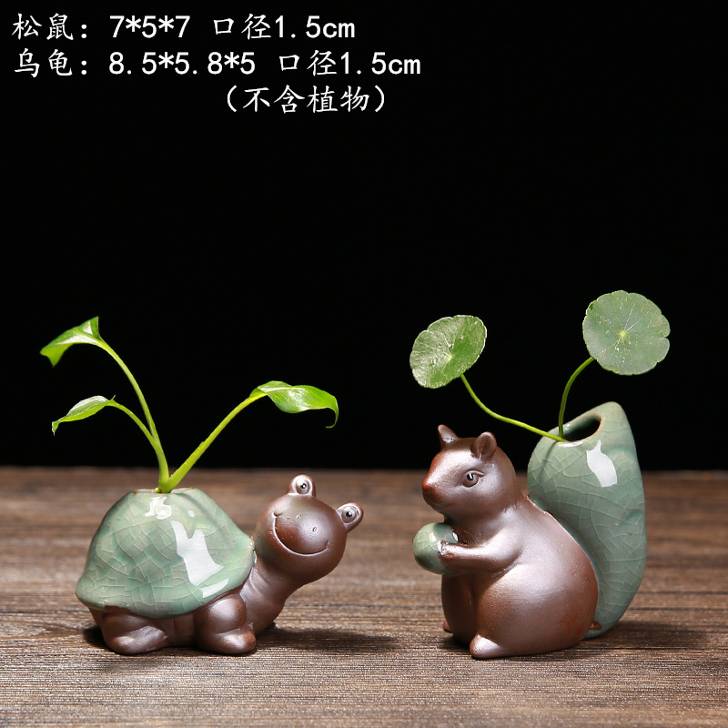 创意家居装饰品摆件水养绿萝花插花瓶陶瓷水培花盆容器 三维工匠 MY-乌龟+松鼠(2件套) 小高清大图
