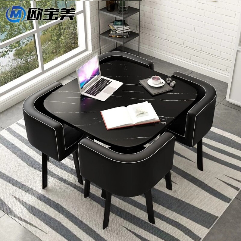 绵冠MIANGUAN洽谈桌椅组合接待桌椅会客桌休息区餐桌椅休闲咖啡桌创意一桌四椅圆桌 方桌-黑色皮椅