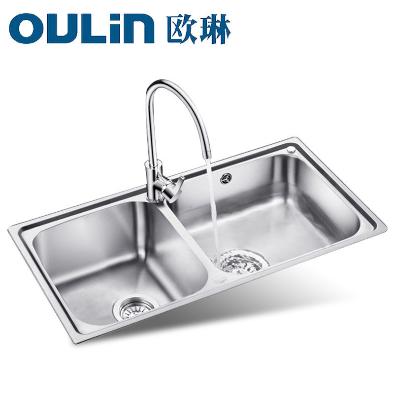 [苏宁自营]欧琳Oulin不锈钢水槽+龙头套餐 不锈钢水槽 厨房水槽大双槽水槽龙头套装 厨房洗菜盆洗碗池OLWGQ002