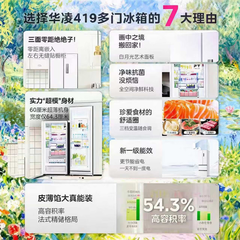 [新国标真一级]华凌美的2026年新品419法式多门60cm超薄零嵌入变频净味风冷无霜家用电冰箱HR-419WUFPA高清大图