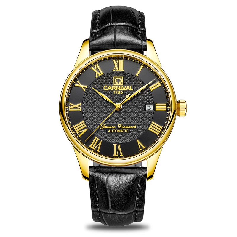 新款正品嘉年华Carnival手表男士全自动机械表 男表时尚防水真皮带休闲男表单日历力洛克表盘罗马刻度8605 黑面黑皮