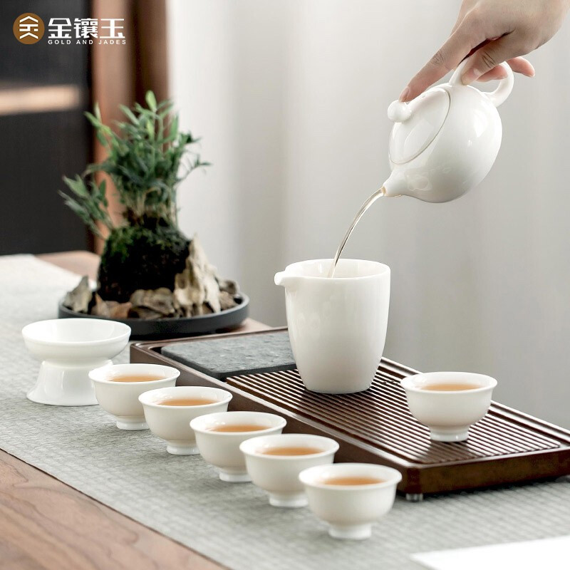 金镶玉 羊脂玉瓷清香雅韵 茶壶茶杯盖碗陶羊脂玉白瓷高档简约家用茶具套装高清大图
