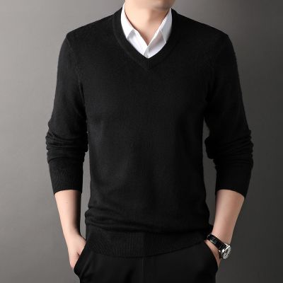 羊毛衫男冬季新款鸡心V领毛衣男套头加厚可机洗针织衫男打底 黑色 XXL