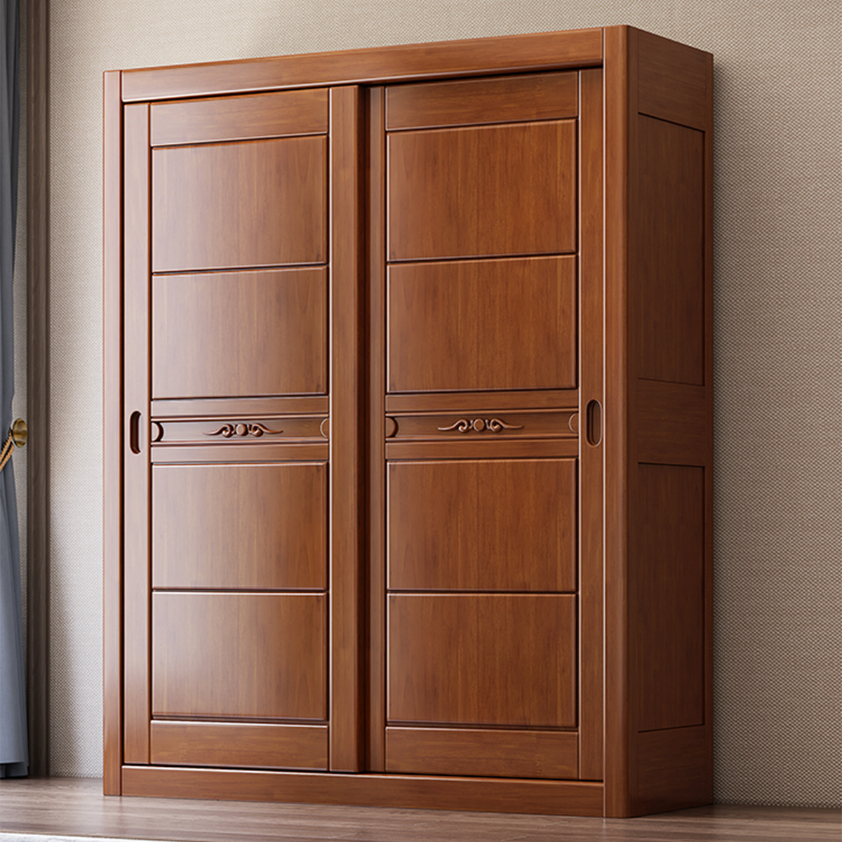 采百木(caibaimu)实木推拉门衣柜家用卧室结实耐用储物柜衣橱现代简约