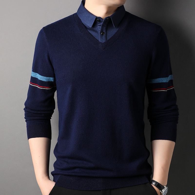高端羊绒衫长袖T恤男假两件套翻领Polo衫中年爸爸装衣服上衣衬衫领体恤父亲宽松男士毛衣商务休闲官方男装 6801皮红 175/92