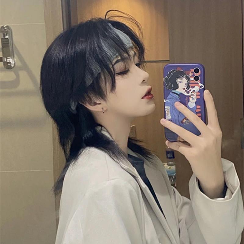日系假发女短发酷帅气中分无刘海鲻鱼头狼尾圆脸自然少女全头套式 自然黑送发网发卡