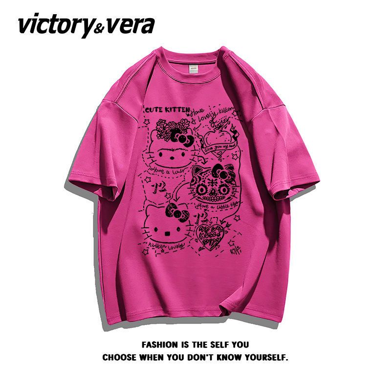 VICTORYVERA美式复古印花短袖T恤女卡通潮牌纯棉宽松半袖上衣chic