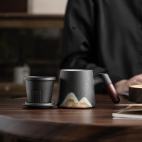 苏氏陶瓷(SUSHI CERAMICS)办公杯手绘釉画彩千里江山聚财茶隔水杯陶瓷内胆过滤中国风礼盒装