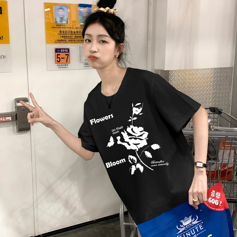 [2.5折价46元]唐狮夏季女圆领前胸花朵图案短袖T恤韩系百搭慵懒风时尚潮流