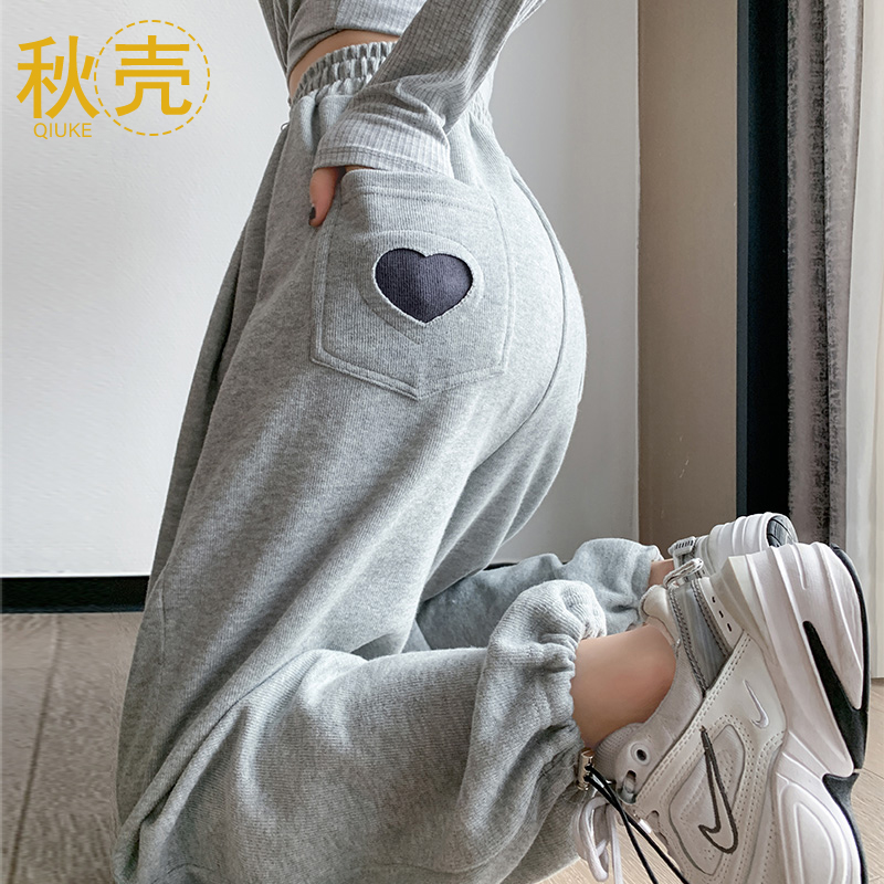 秋壳美式运动裤女春秋夏季薄款2022新款休闲宽松显瘦束脚灰色卫裤