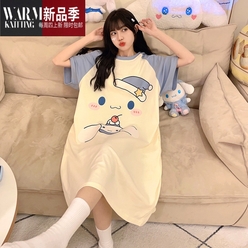 SHANCHAO自带胸垫睡裙短袖宽松睡衣女夏季卡通可爱玉桂狗中长款家居服