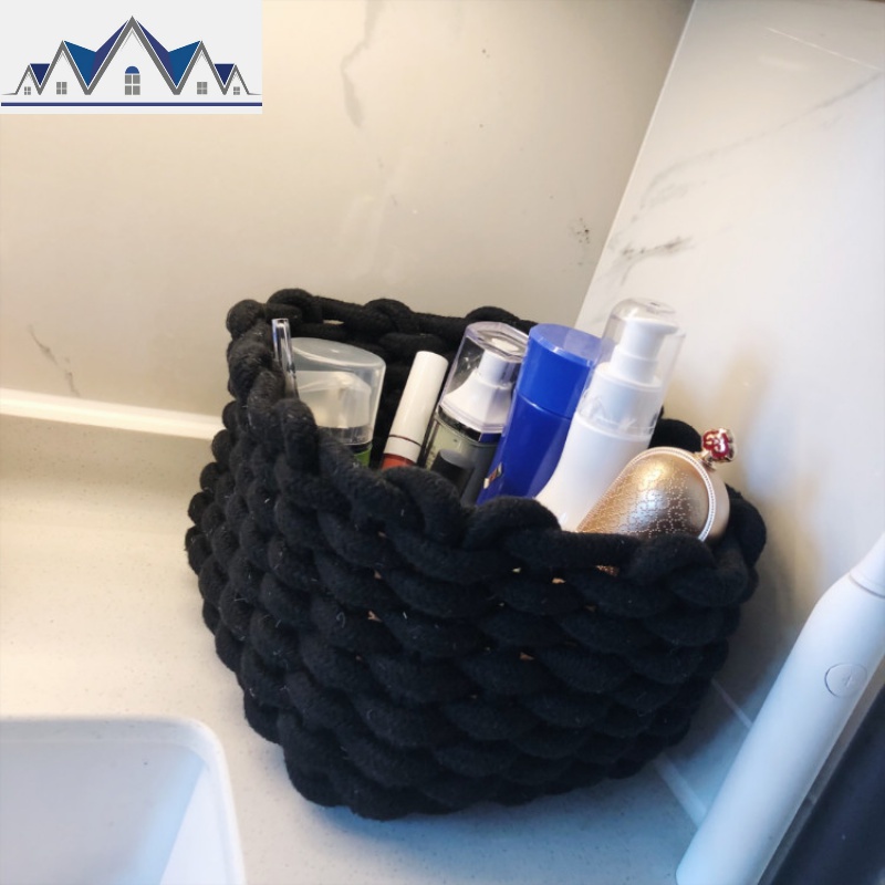 加厚棉线收纳篮带提手杂物小篮子 玄关茶几桌面放零食布艺收纳筐 三维工匠 黑色正方中号长23*宽23*高16cm