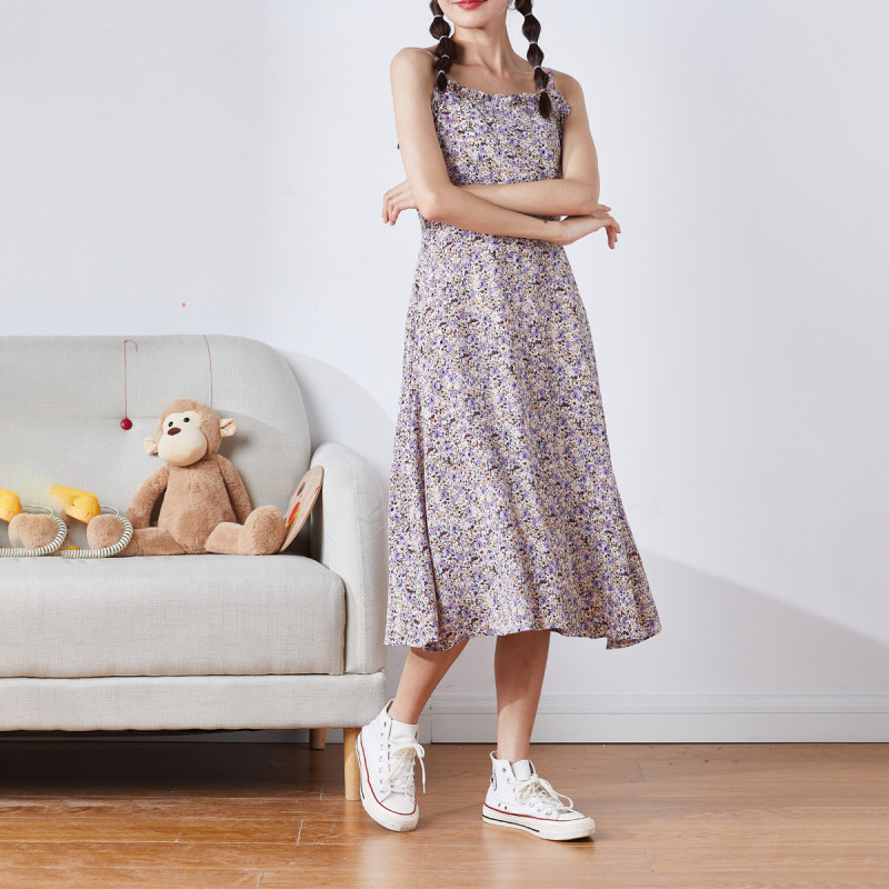 [1.5折价55元]唐狮夏季连衣裙女中长款韩版碎花吊带连衣裙时尚裙子潮