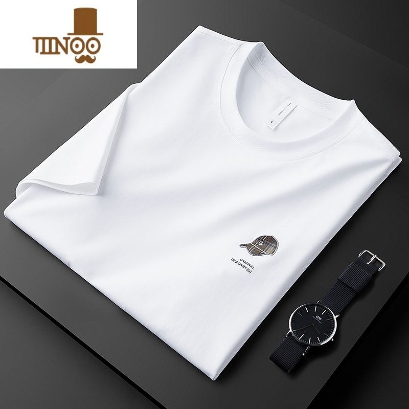 YANXU轻奢夏季薄款丝光棉压胶白色t恤男短袖修身圆领休闲半袖男士高清大图