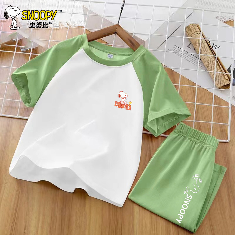 史努比(SNOOPY)儿童套装夏季薄款纯棉短袖女童空调服男孩睡衣休闲家居服套22TI01高清大图