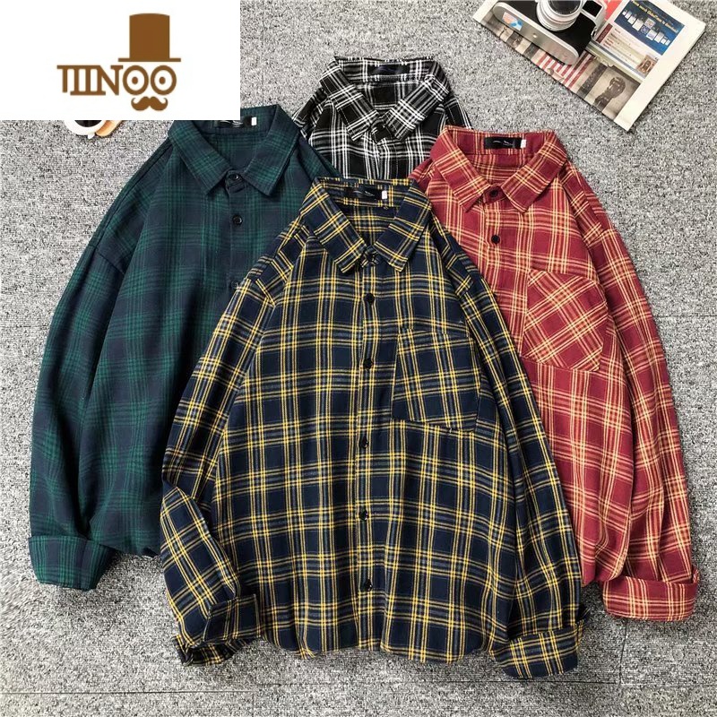 YANXU复古工装格子衬衫男长袖潮流宽松休闲打底衬衣情侣百搭外套高清大图