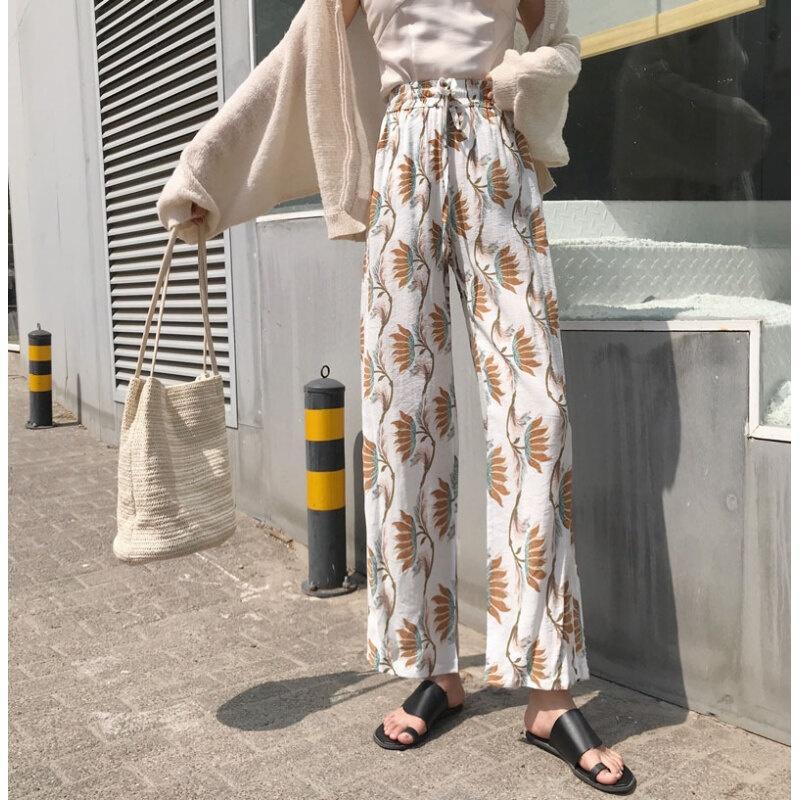 港味裤宽松韩版百搭高腰印花系带怪味少垂阔休闲裤白均