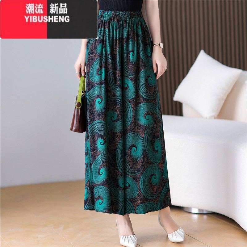 YIBUSHENG阔腿裤女季薄款绸裙裤大码显瘦中老年妈妈九分裤休闲长裤子高清大图