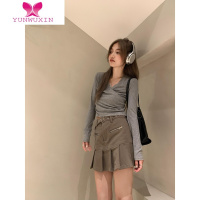 YUNWUXIN时尚性感交叉V领上衣修身显瘦通勤长袖别致褶皱t恤女新款2022T恤