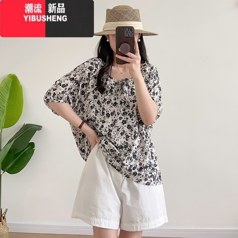 yibusheng碎花棉绸衬衫女2024年季薄款宽松大码圆领上衣人造棉短袖t恤