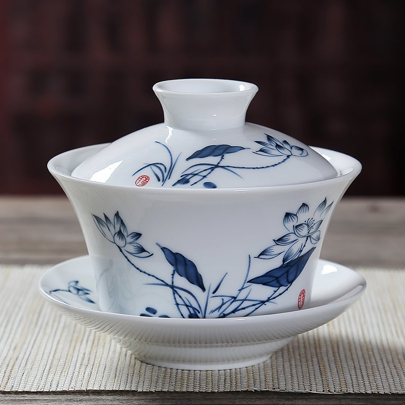 盖碗茶杯景德镇青花瓷盖碗大号陶瓷功夫茶具三才碗敬茶碗泡茶壶大号