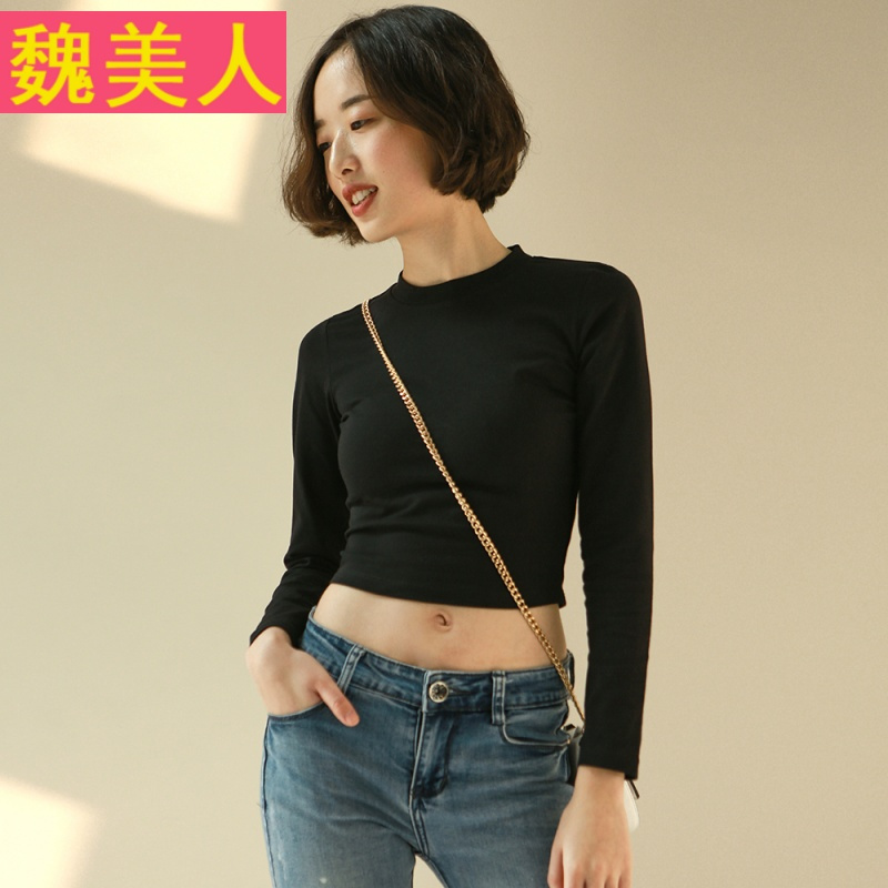 性感上衣棉短款露脐T恤女长袖紧身高腰韩国黑色漏脐打底衫秋外穿