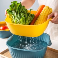 塑料沥水篮厨房洗菜筐淘米篮水果盆收纳篮洗菜盆 北欧双层沥水篮6件套