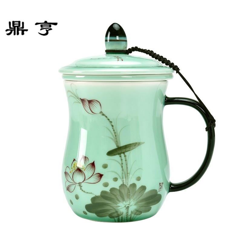 鼎亨龙泉青瓷茶杯陶瓷带盖过滤内胆杯子办公室个人茶具家用泡茶杯