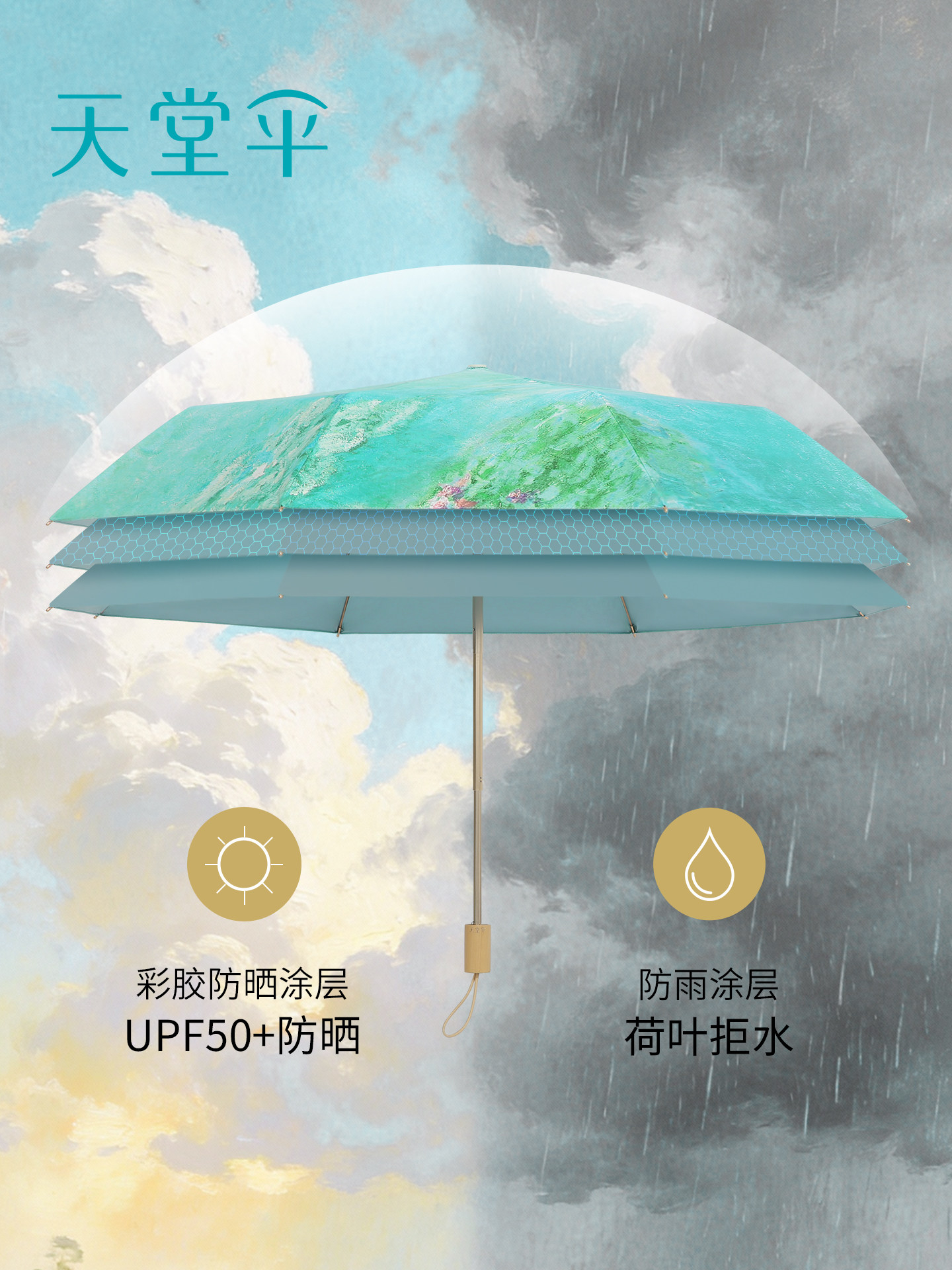 天堂伞37523E水光莲影三折晴雨伞高清大图