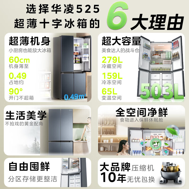 [自营]美的冰箱出品华凌HR-525WSP仲夏夜十字对开门冰箱503升1级能效变频净味自动除霜双循环冰箱高清大图