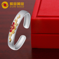 紫金黄金(ZiJin)纯银手镯女款时尚开口999足银磨砂珐琅浮雕手环