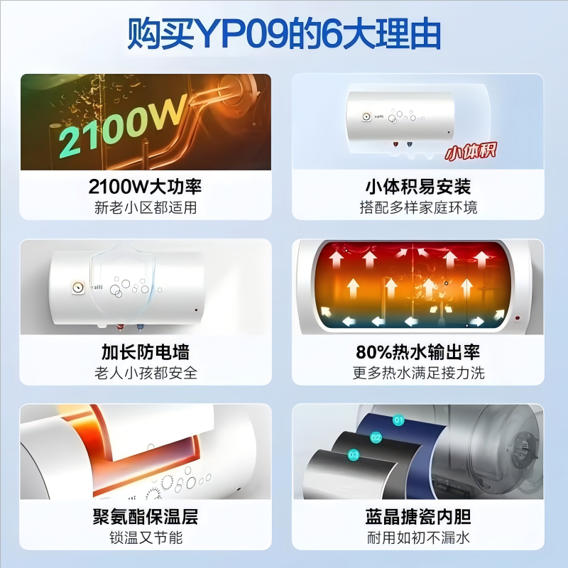 华帝电热水器DJF50-YP09-WB 2100W速热大功率经济 加长防电墙 50L