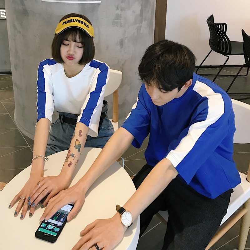 日韩风夏款款情侣装气质圆领短袖原宿风BF宽T恤打底衫男女班服