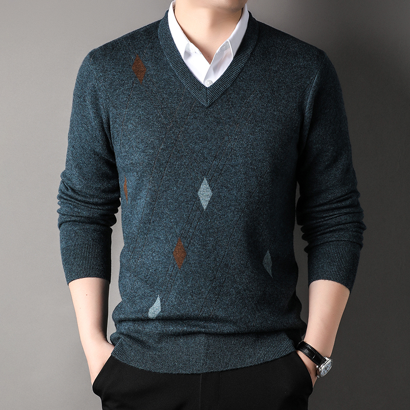 花花公子品牌新款男装服饰v领100羊毛衫男士针织衫中年男式毛衣打底衫