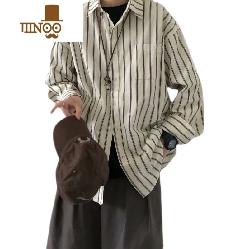 YANXU中性风条纹衬衫男长袖叠穿日系复古上衣设计感小众内搭外穿高清大图