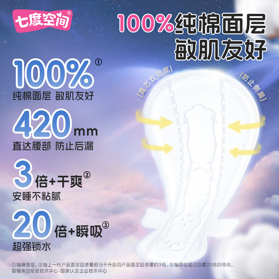 七度空间100%纯棉亲肤 超特长夜用卫生巾420mm*16片高清大图