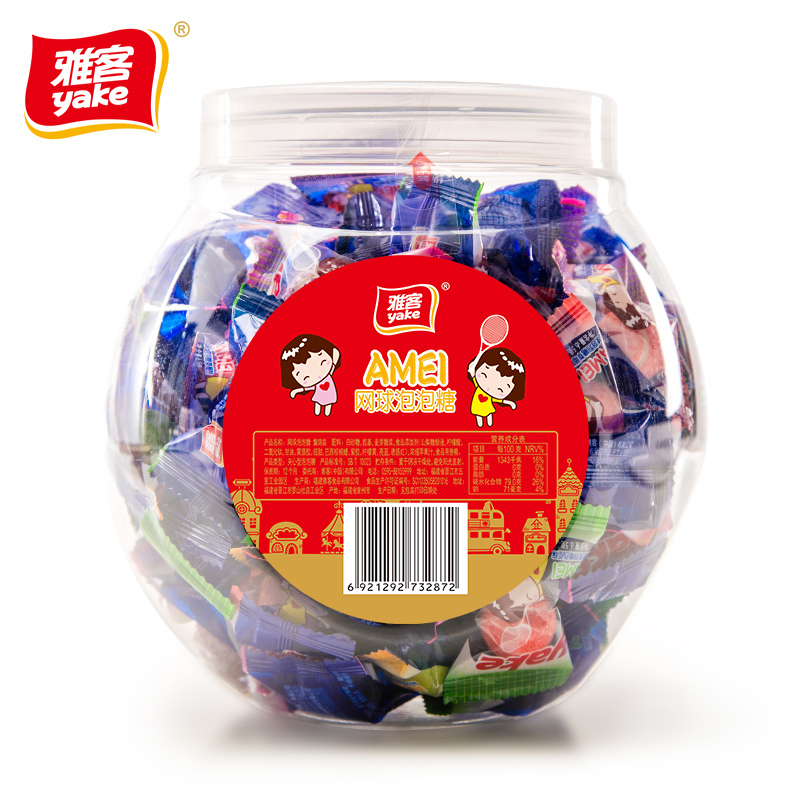 雅客网球泡泡糖520g桶装(约80粒)夹心糖果儿童集锦味怀旧休闲零食