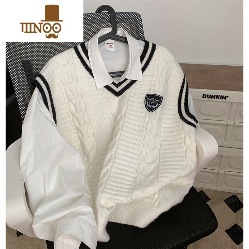 YANXU加肥大码日系学院风针织马甲男款300斤宽松叠穿无袖情侣毛衣上衣高清大图