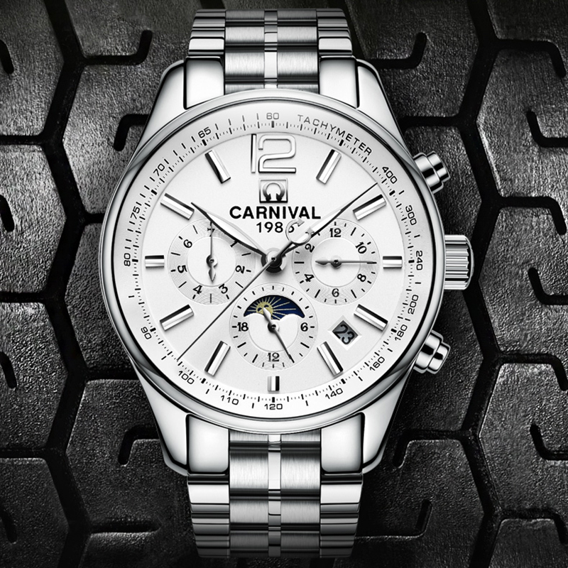 瑞士嘉年华CARNIVAL全自动机械表 男休闲时尚防水手表男士时尚商务男表金属精钢夜光防水日月星辰多功能显示8702C高清大图