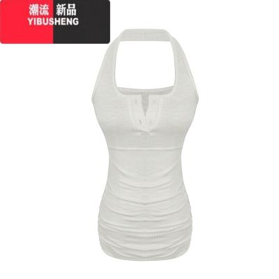 YIBUSHENG纯欲性感挂脖露背背心连衣裙气质收腰褶皱紧身包臀裙短裙子女子 均码 杏色