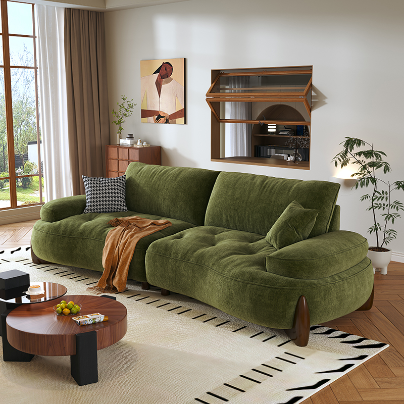 政府补贴中古风客厅靠背小户型弧形大坐深绿色复古风布艺沙发高清大图
