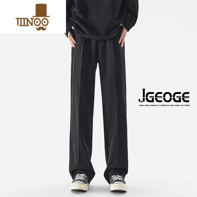 YANXU黑色西装裤子男潮流宽松百搭直筒西裤夏季休闲凉感冰丝裤高清大图