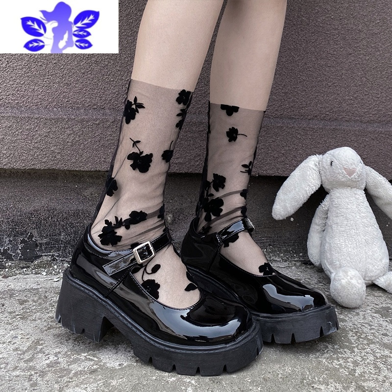 Ideamini玻璃丝玫瑰花袜子女中筒袜夏薄款黑色丝袜ins潮蕾丝短袜子