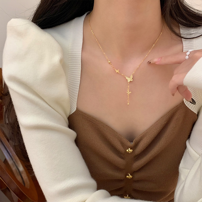 s925纯银拉丝蝴蝶流苏长项链女轻奢高级感高级简约配饰锁骨链送女朋友老婆情人节七夕生日礼物